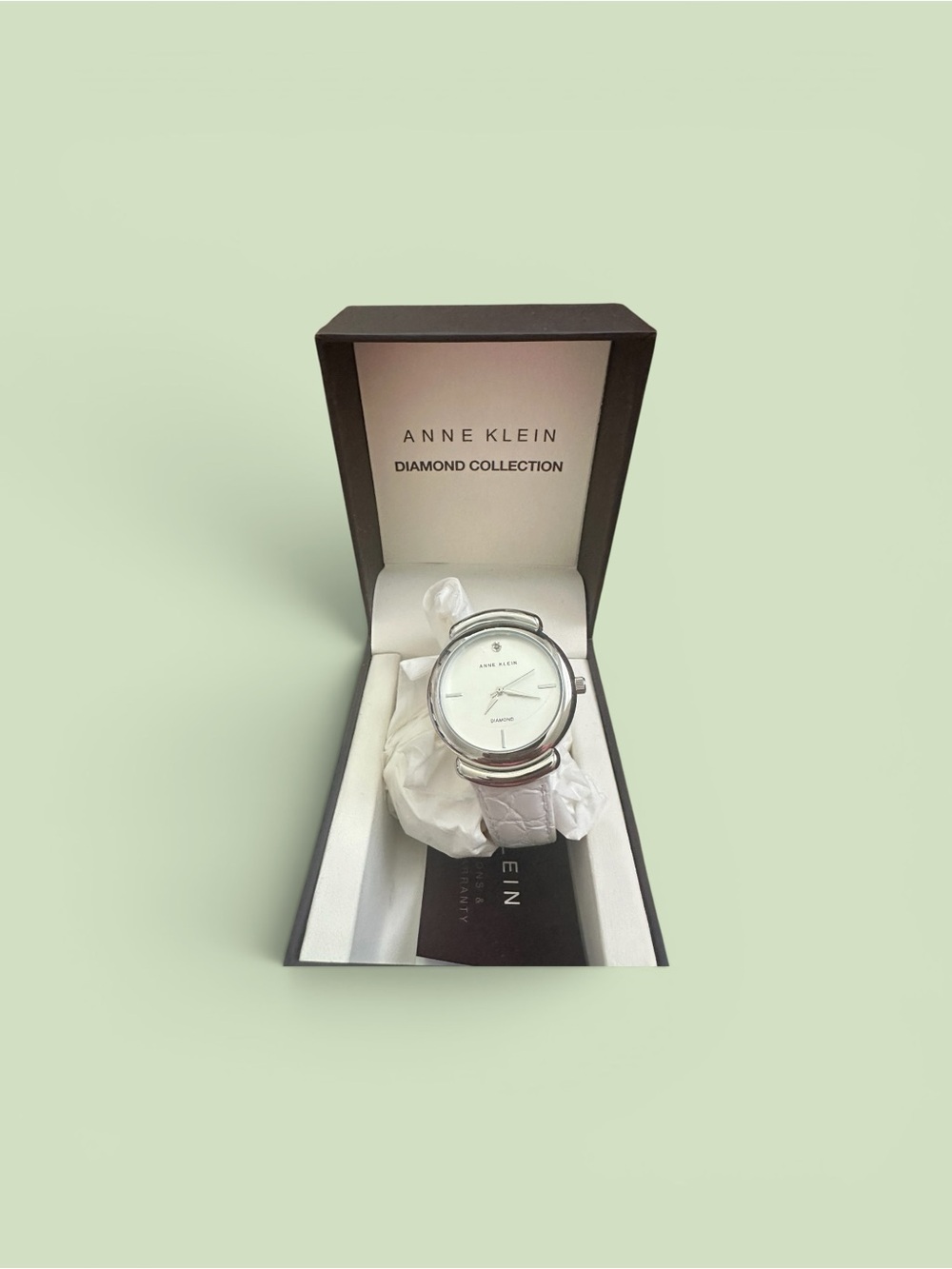 Anne Klein Silver-Tone Case with White Leather Strap Watch